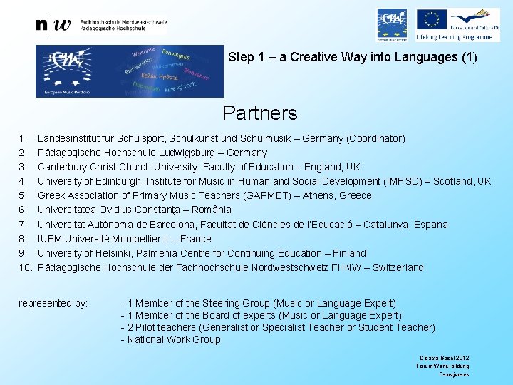 Step 1 – a Creative Way into Languages (1) Partners 1. 2. 3. 4.