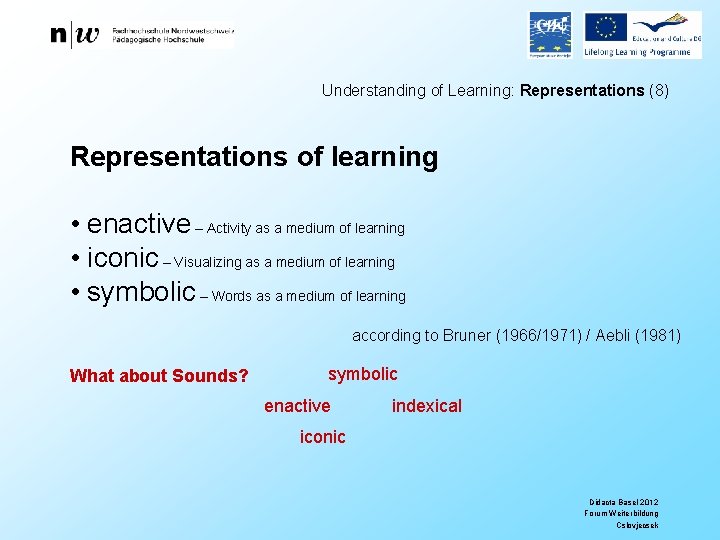 Understanding of Learning: Representations (8) Representations of learning • enactive – Activity as a