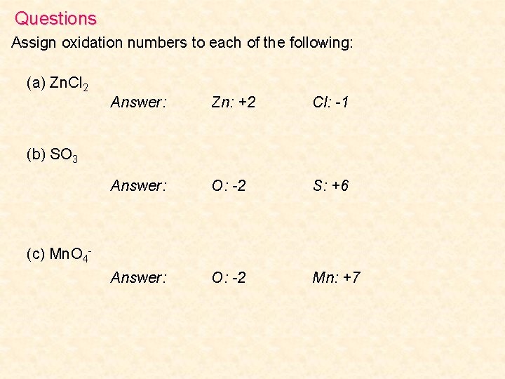 Questions Assign oxidation numbers to each of the following: (a) Zn. Cl 2 Answer: