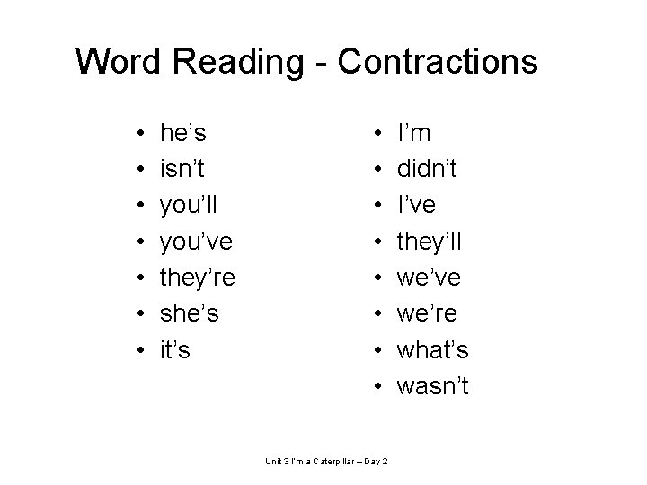 Word Reading - Contractions • • he’s isn’t you’ll you’ve they’re she’s it’s •