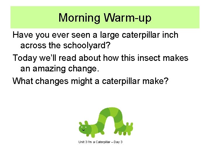 Morning Warm-up Have you ever seen a large caterpillar inch across the schoolyard? Today