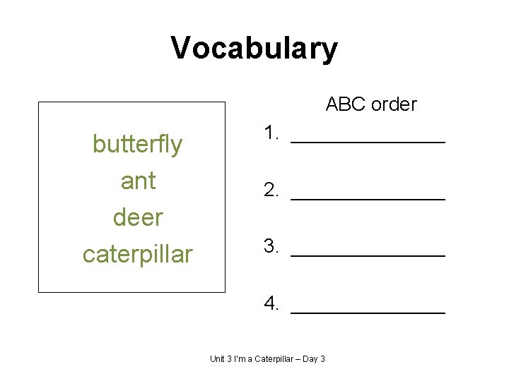 Vocabulary butterfly ant deer caterpillar ABC order 1. _______ 2. _______ 3. _______ 4.
