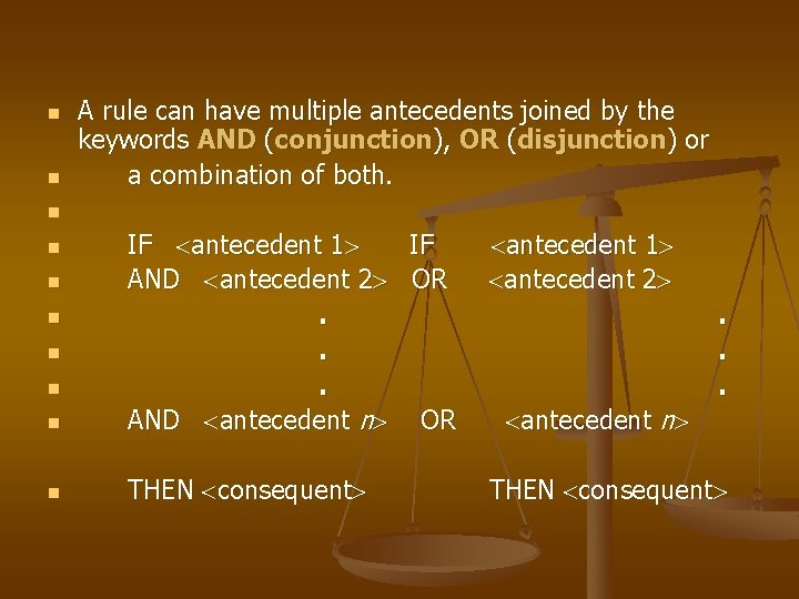 n n A rule can have multiple antecedents joined by the keywords AND (conjunction),