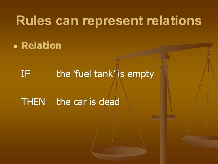 Rules can represent relations n Relation IF the ‘fuel tank’ is empty THEN the