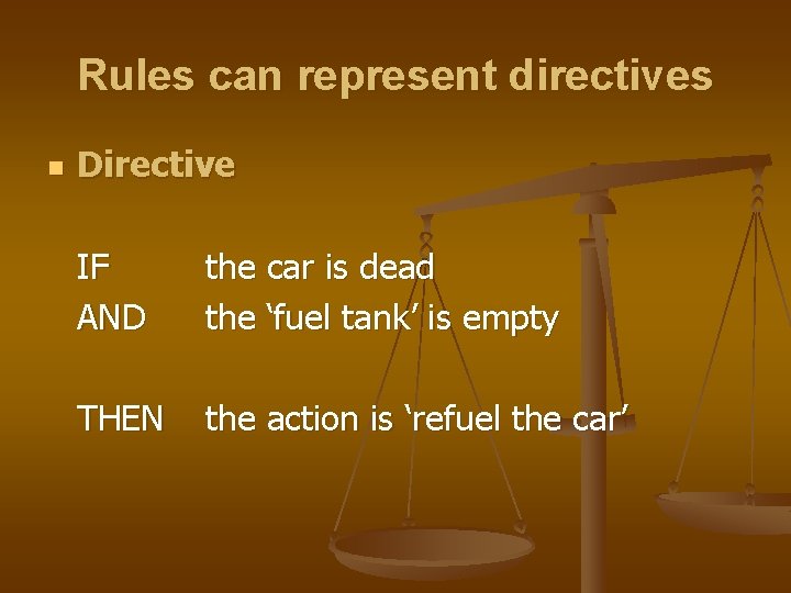 Rules can represent directives n Directive IF AND the car is dead the ‘fuel