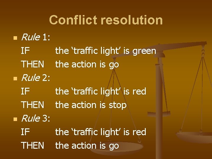 Conflict resolution n Rule 1: IF THEN Rule 2: IF THEN Rule 3: IF