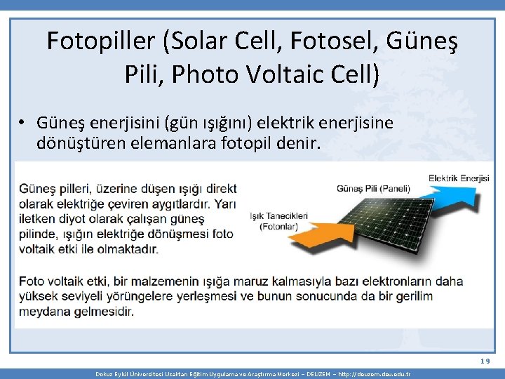 Fotopiller (Solar Cell, Fotosel, Güneş Pili, Photo Voltaic Cell) • Güneş enerjisini (gün ışığını)