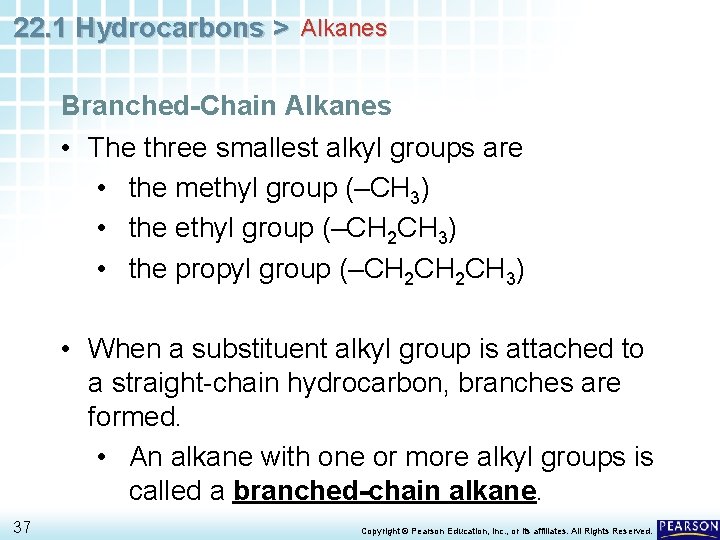22. 1 Hydrocarbons > Alkanes Branched-Chain Alkanes • The three smallest alkyl groups are