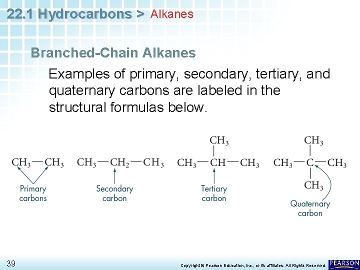 22. 1 Hydrocarbons > Alkanes Branched-Chain Alkanes Examples of primary, secondary, tertiary, and quaternary