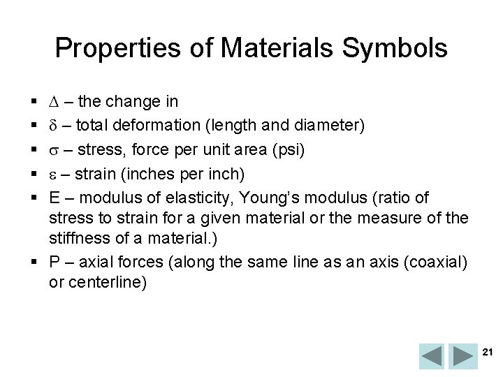 Properties of Materials Symbols D – the change in – total deformation (length and