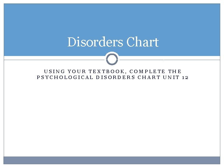 Disorders Chart USING YOUR TEXTBOOK, COMPLETE THE PSYCHOLOGICAL DISORDERS CHART UNIT 12 