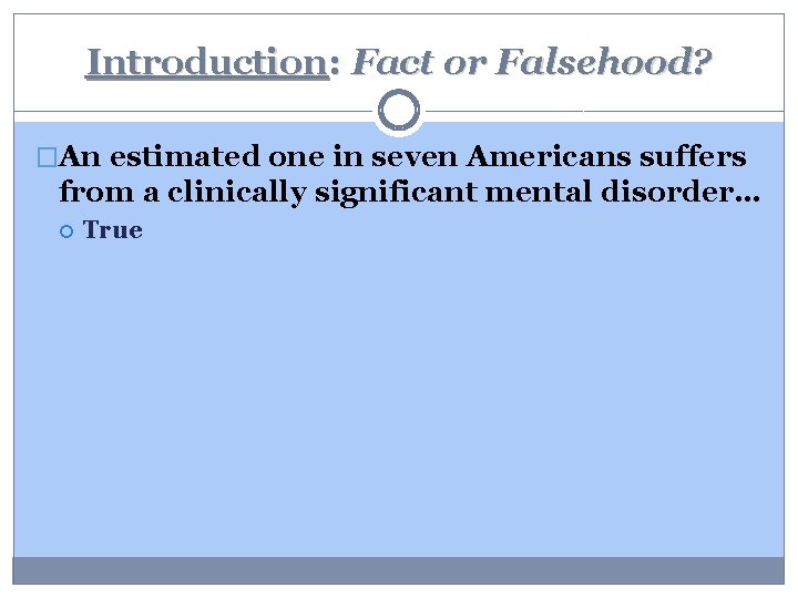 Introduction: Fact or Falsehood? �An estimated one in seven Americans suffers from a clinically