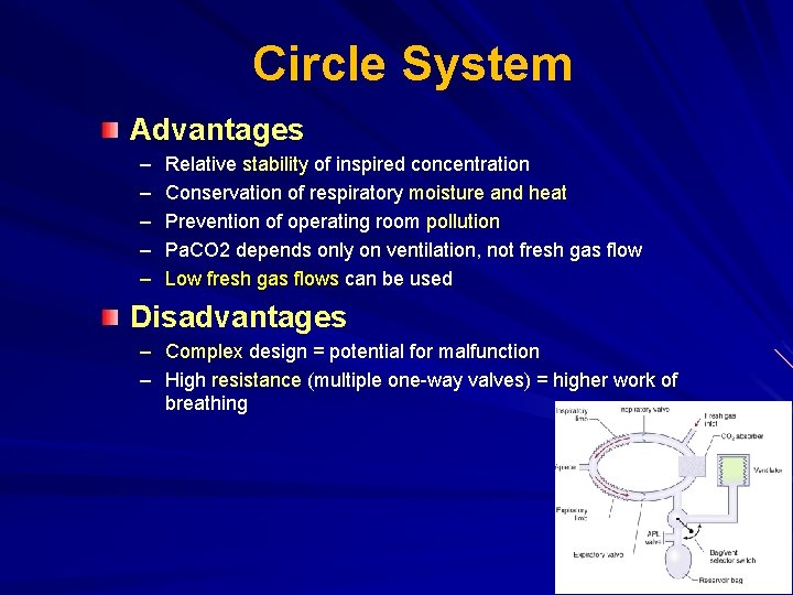 Circle System Advantages – – – Relative stability of inspired concentration Conservation of respiratory