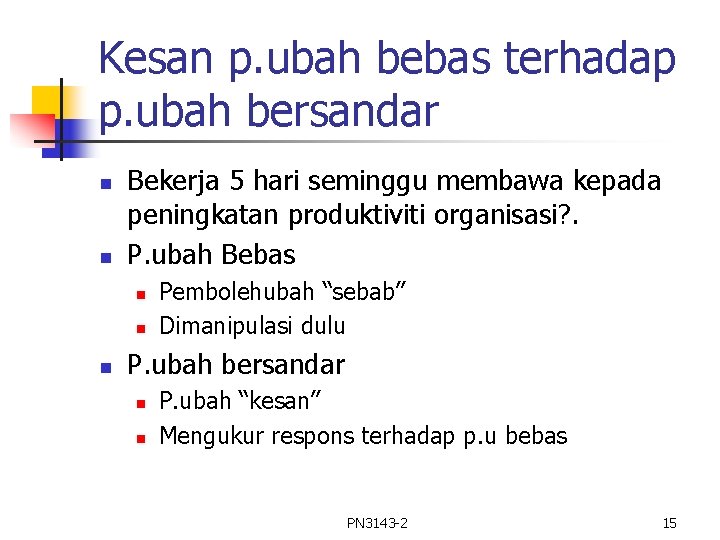 Kesan p. ubah bebas terhadap p. ubah bersandar n n Bekerja 5 hari seminggu Kesan p. ubah bebas terhadap p. ubah bersandar n n Bekerja 5 hari seminggu