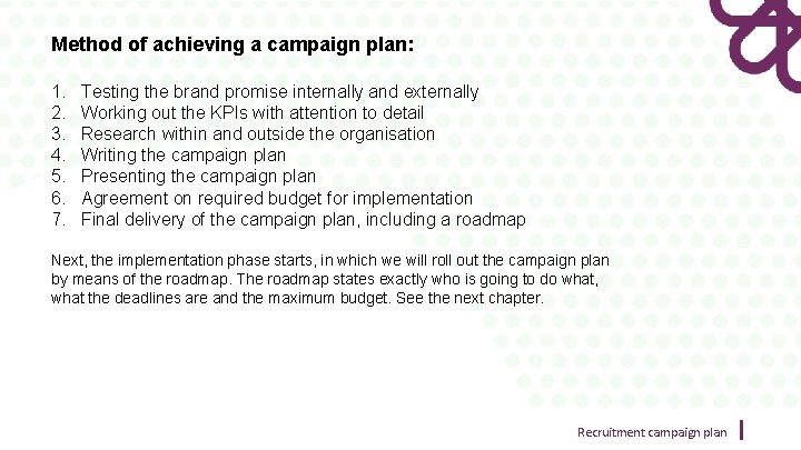 Method of achieving a campaign plan: 1. 2. 3. 4. 5. 6. 7. Testing