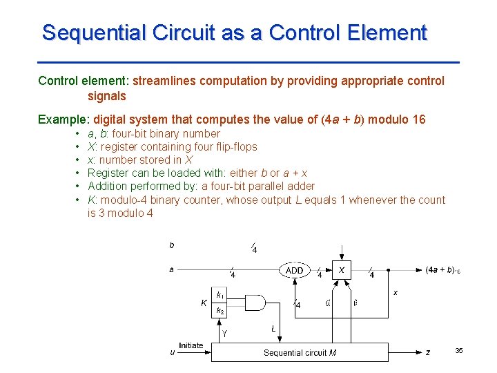 Sequential Circuit as a Control Element Control element: streamlines computation by providing appropriate control