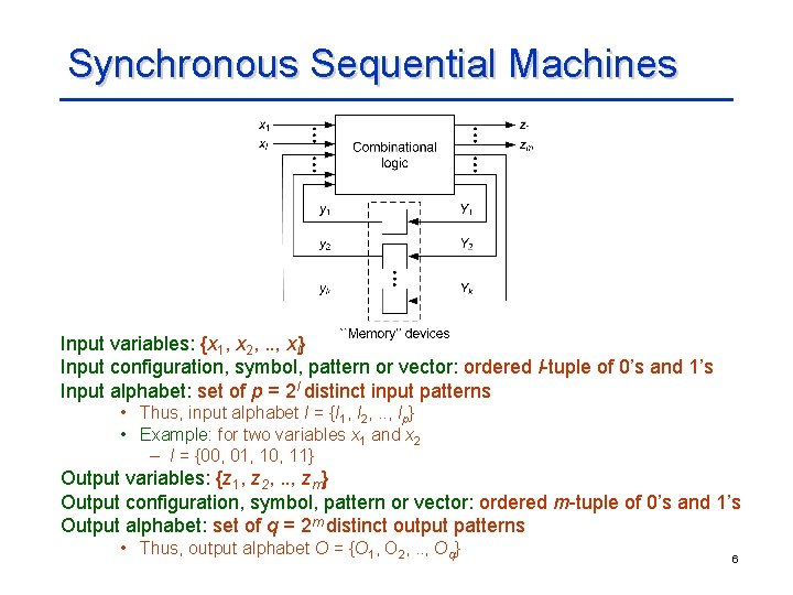 Synchronous Sequential Machines Input variables: {x 1, x 2, . . , xl} Input