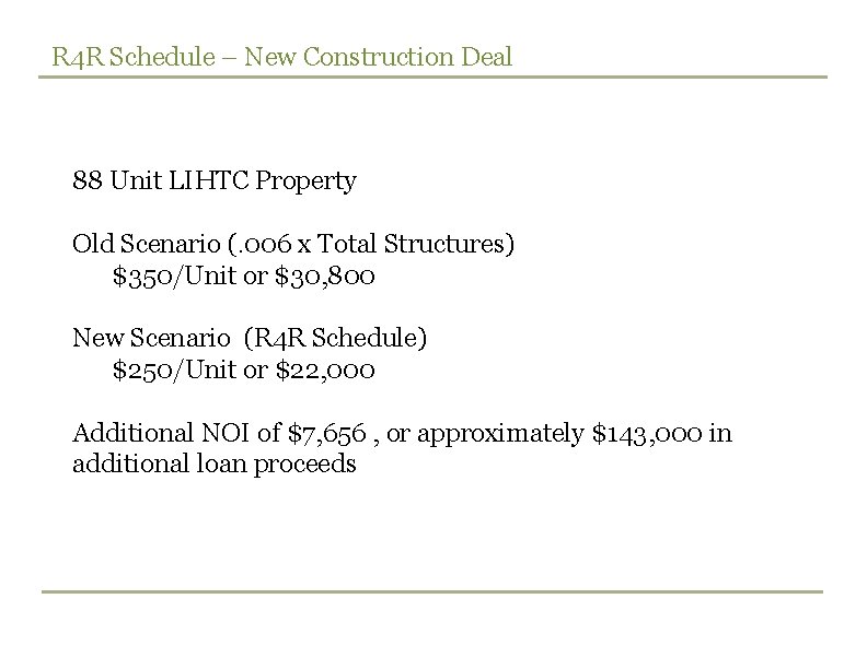 R 4 R Schedule – New Construction Deal 88 Unit LIHTC Property Old Scenario