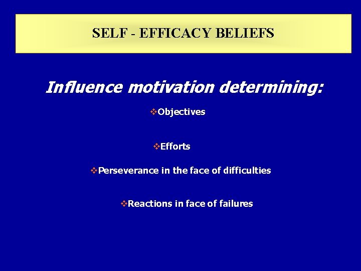 SELF - EFFICACY BELIEFS Influence motivation determining: v. Objectives v. Efforts v. Perseverance in SELF - EFFICACY BELIEFS Influence motivation determining: v. Objectives v. Efforts v. Perseverance in