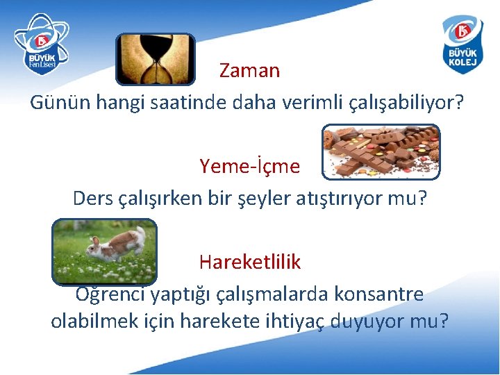 Zaman Günün hangi saatinde daha verimli çalışabiliyor? Yeme-İçme Ders çalışırken bir şeyler atıştırıyor mu?