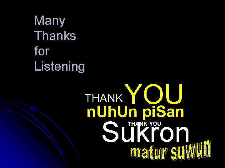 Many Thanks for Listening YOU n. Uh. Un pi. San Sukron THANK YOU 132