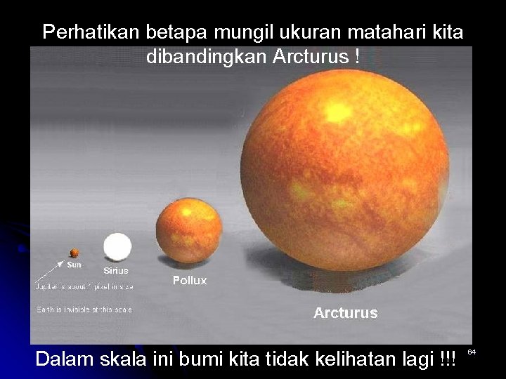 Perhatikan betapa mungil ukuran matahari kita dibandingkan Arcturus ! Dalam skala ini bumi kita