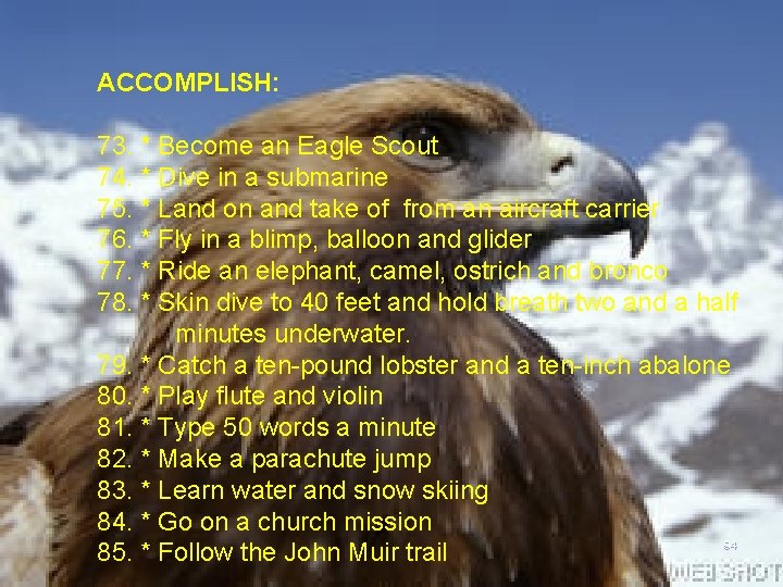 ACCOMPLISH: 73. * Become an Eagle Scout 74. * Dive in a submarine 75.