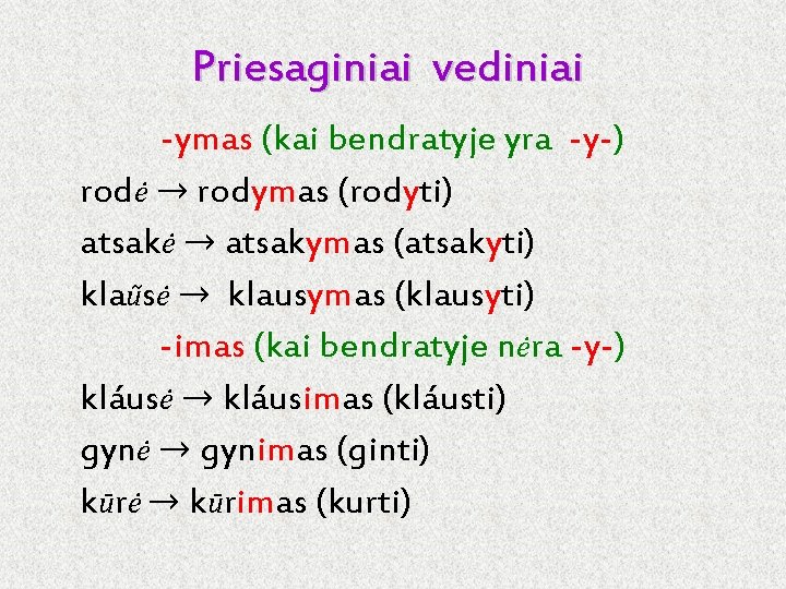 Priesaginiai vediniai -ymas (kai bendratyje yra -y-) rodė → rodymas (rodyti) atsakė → atsakymas