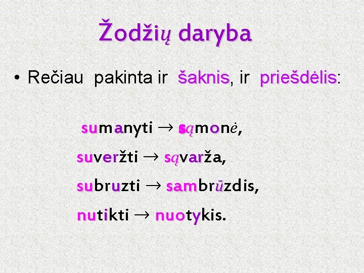 Žodžių daryba • Rečiau pakinta ir šaknis, šaknis ir priešdėlis: priešdėlis sum su anyti