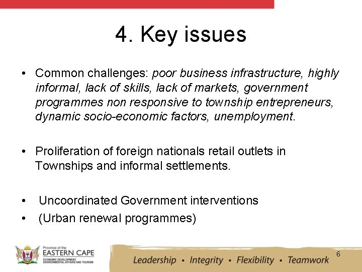 4. Key issues • Common challenges: poor business infrastructure, highly informal, lack of skills,