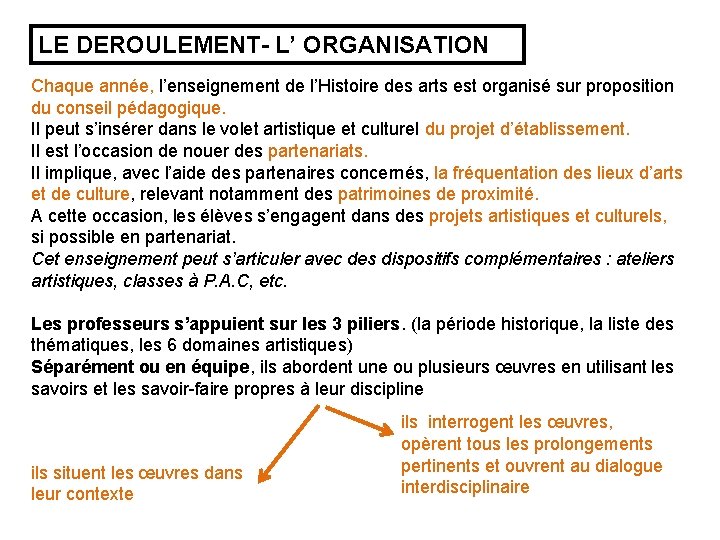 LE DEROULEMENT- L’ ORGANISATION Chaque année, l’enseignement de l’Histoire des arts est organisé sur