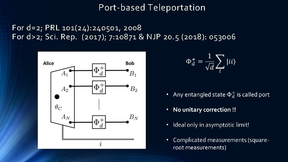 Port-based Teleportation For d=2; PRL 101(24): 240501, 2008 For d>2; Sci. Rep. (2017); 7: