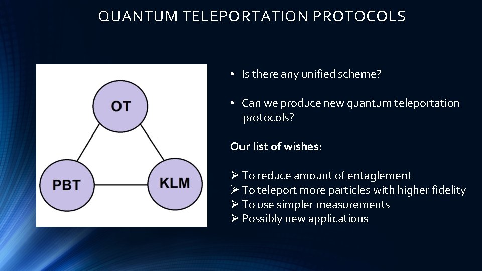 QUANTUM TELEPORTATION PROTOCOLS • Is there any unified scheme? • Can we produce new