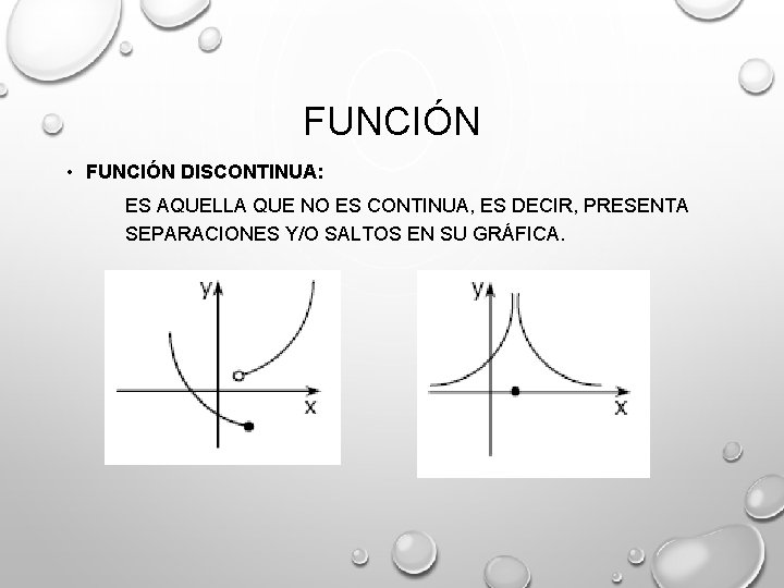 FUNCIÓN • FUNCIÓN DISCONTINUA: ES AQUELLA QUE NO ES CONTINUA, ES DECIR, PRESENTA SEPARACIONES