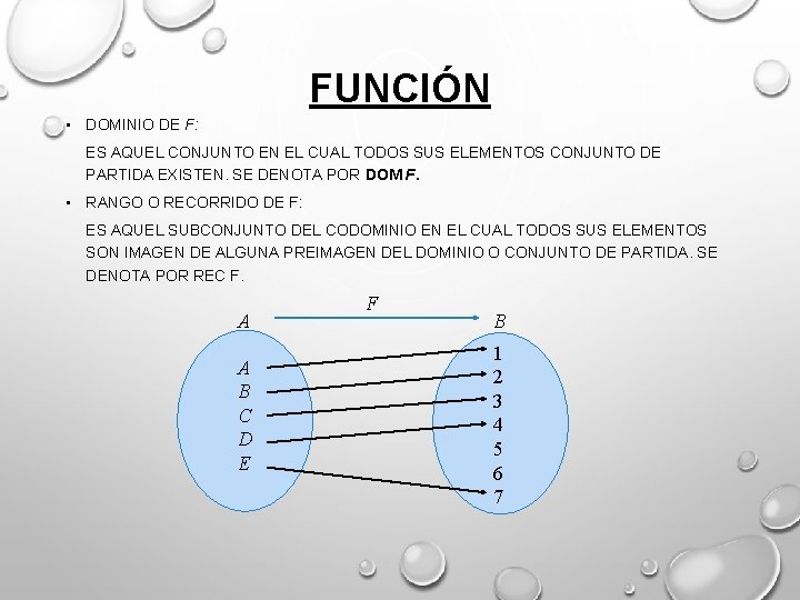 FUNCIÓN • DOMINIO DE F: ES AQUEL CONJUNTO EN EL CUAL TODOS SUS ELEMENTOS