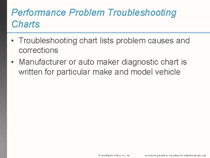 Performance Problem Troubleshooting Charts • Troubleshooting chart lists problem causes and corrections • Manufacturer