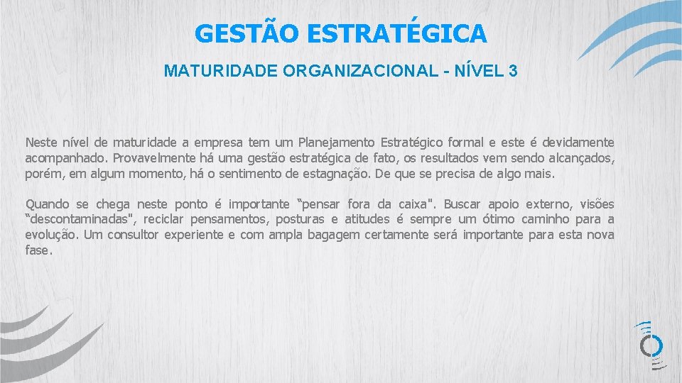 GESTÃO ESTRATÉGICA MATURIDADE ORGANIZACIONAL - NÍVEL 3 Neste nível de maturidade a empresa tem