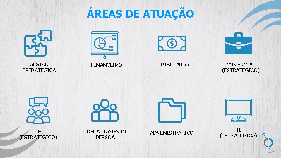 ÁREAS DE ATUAÇÃO GESTÃO ESTRATÉGICA FINANCEIRO RH (ESTRATÉGICO) DEPARTAMENTO PESSOAL TRIBUTÁRIO ADMINISTRATIVO COMERCIAL (ESTRATÉGICO)