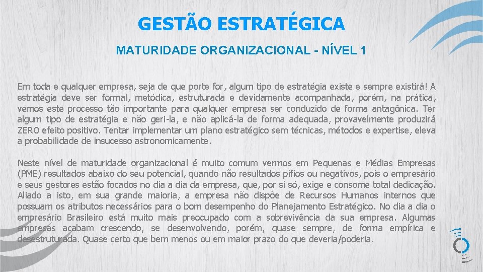 GESTÃO ESTRATÉGICA MATURIDADE ORGANIZACIONAL - NÍVEL 1 Em toda e qualquer empresa, seja de