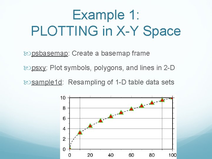 Example 1: PLOTTING in X-Y Space psbasemap: Create a basemap frame psxy: Plot symbols,