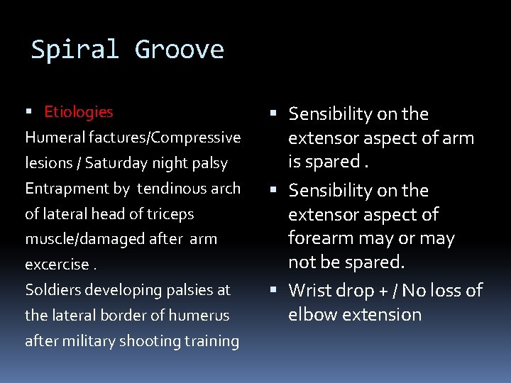 Spiral Groove Etiologies Humeral factures/Compressive lesions / Saturday night palsy Entrapment by tendinous arch