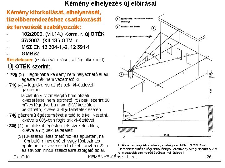 Kémény elhelyezés új előírásai Kémény kitorkollását, elhelyezését, tüzelőberendezéshez csatlakozását és tervezését szabályozzák: 182/2008. (VII.