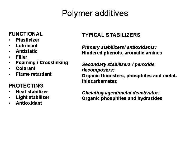 Polymer additives FUNCTIONAL • • Plasticizer Lubricant Antistatic Filler Foaming / Crosslinking Colorant Flame