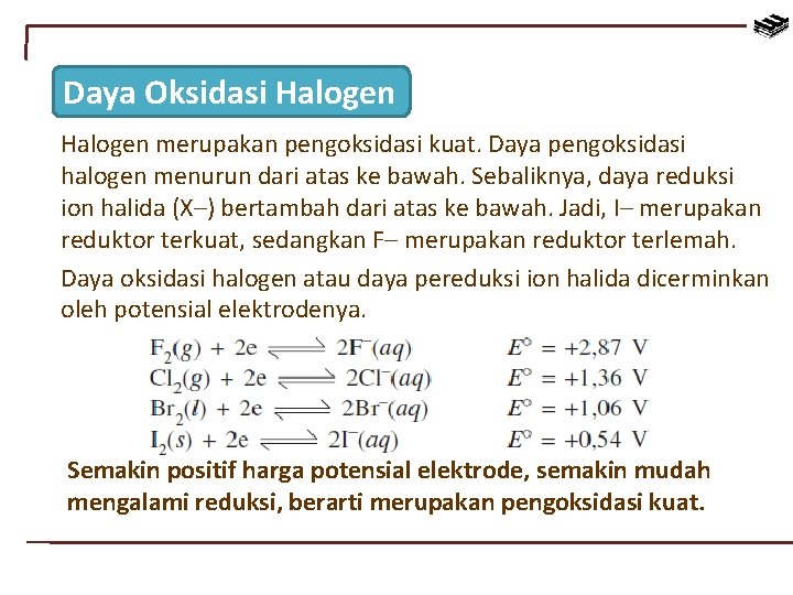 Daya Oksidasi Halogen merupakan pengoksidasi kuat. Daya pengoksidasi halogen menurun dari atas ke bawah.