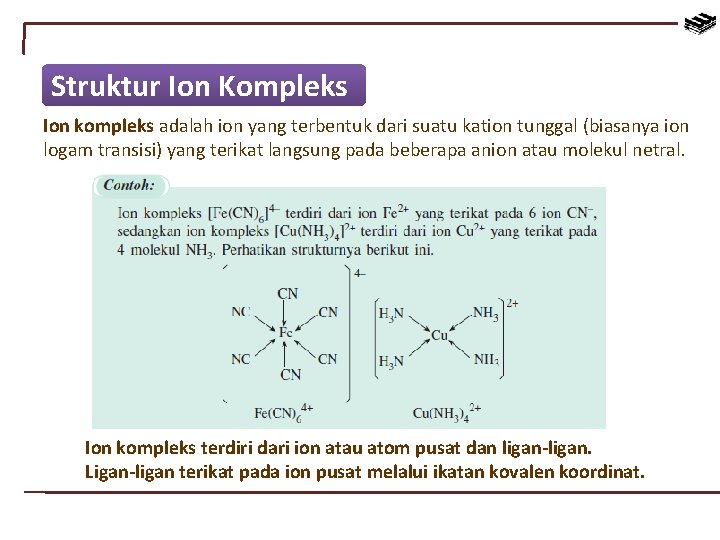 Struktur Ion Kompleks Ion kompleks adalah ion yang terbentuk dari suatu kation tunggal (biasanya