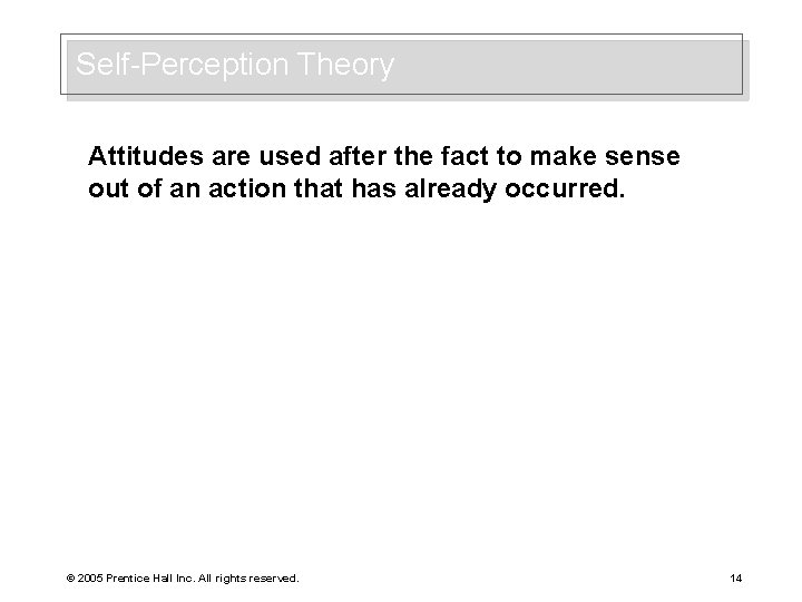 Self-Perception Theory Attitudes are used after the fact to make sense out of an