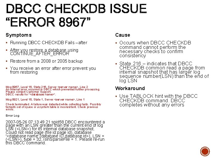 Symptoms Cause § Running DBCC CHECKDB Fails –after § Occurs when DBCC CHECKDB §