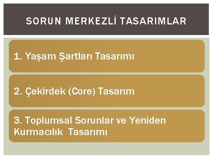 SORUN MERKEZLİ TASARIMLAR 1. Yaşam Şartları Tasarımı 2. Çekirdek (Core) Tasarım 3. Toplumsal Sorunlar