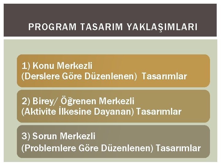 PROGRAM TASARIM YAKLAŞIMLARI 1) Konu Merkezli (Derslere Göre Düzenlenen) Tasarımlar 2) Birey/ Öğrenen Merkezli