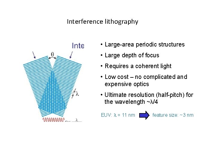 Interference lithography • Large-area periodic structures • Large depth of focus • Requires a